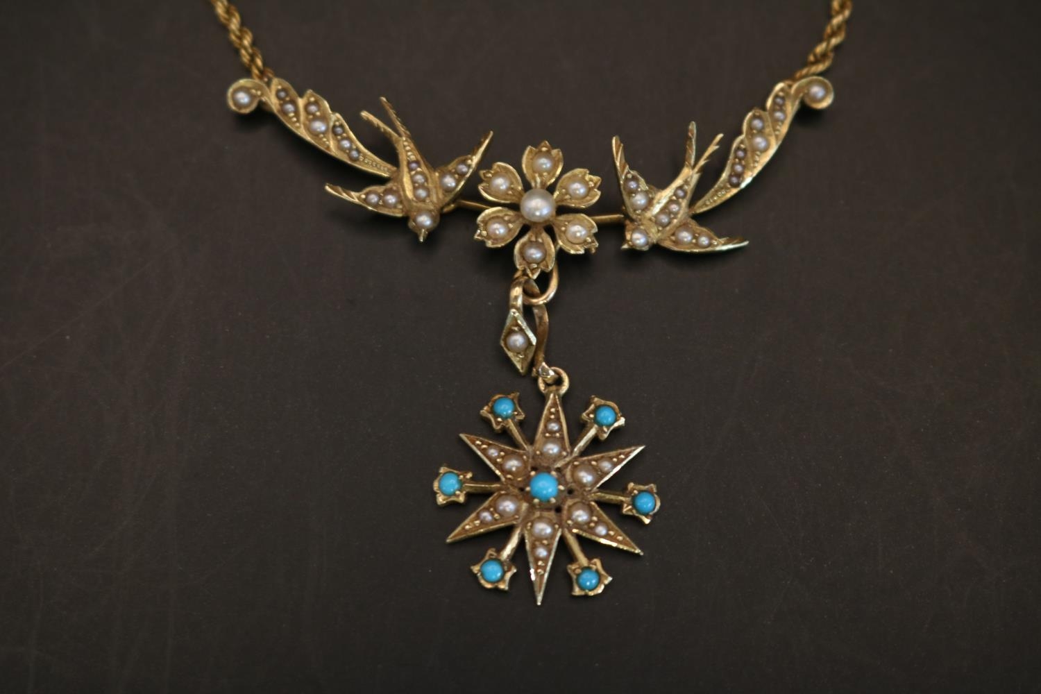 Late Victorian Ladies 15ct gold Seed pearl and Turquoise set Swallow and star necklace. 8.4g total - Image 2 of 2