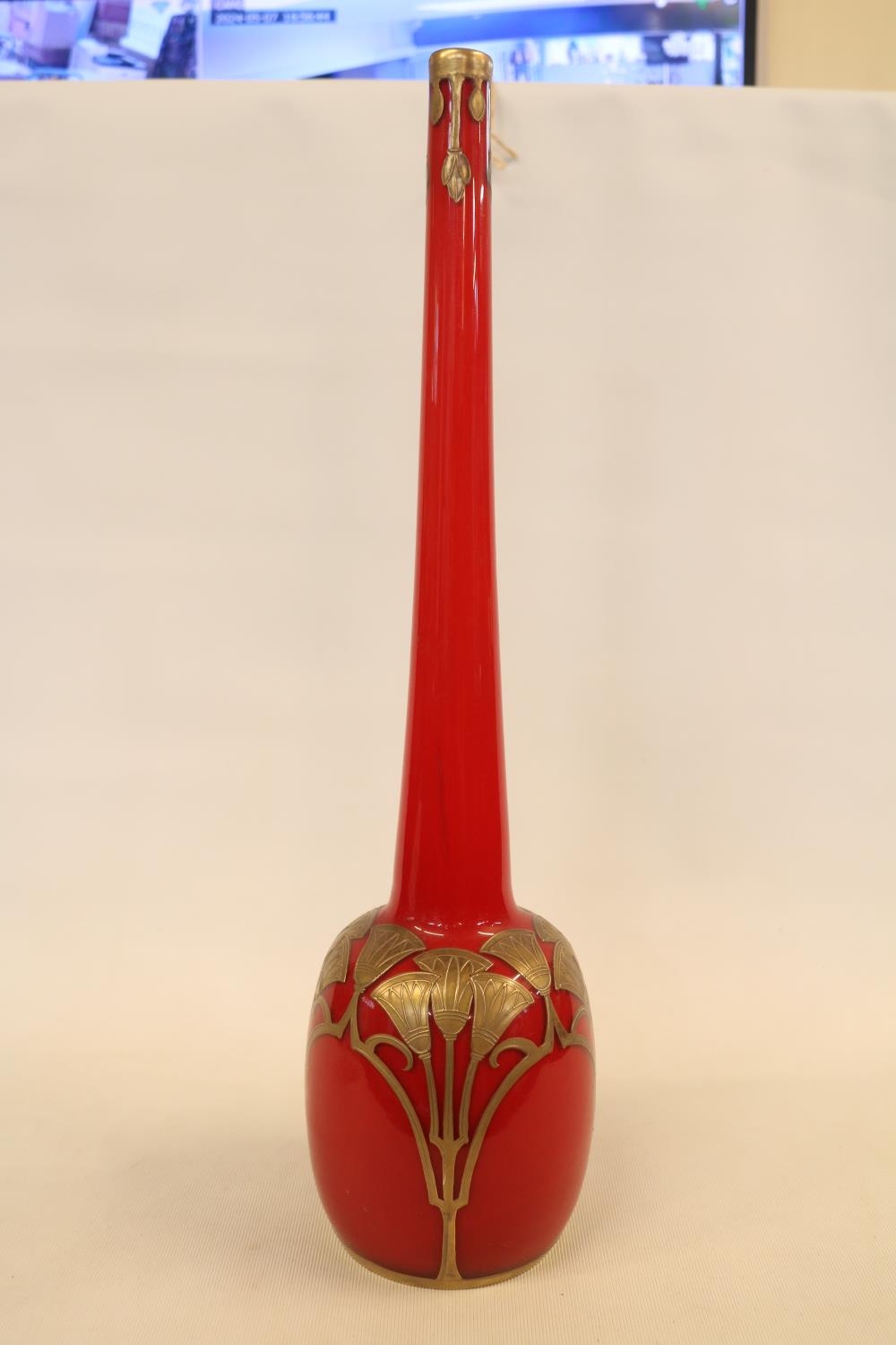 Legras French Egyptian revival 'Rouge De Chine' Red glass tall vase with attenuated neck and - Image 2 of 4
