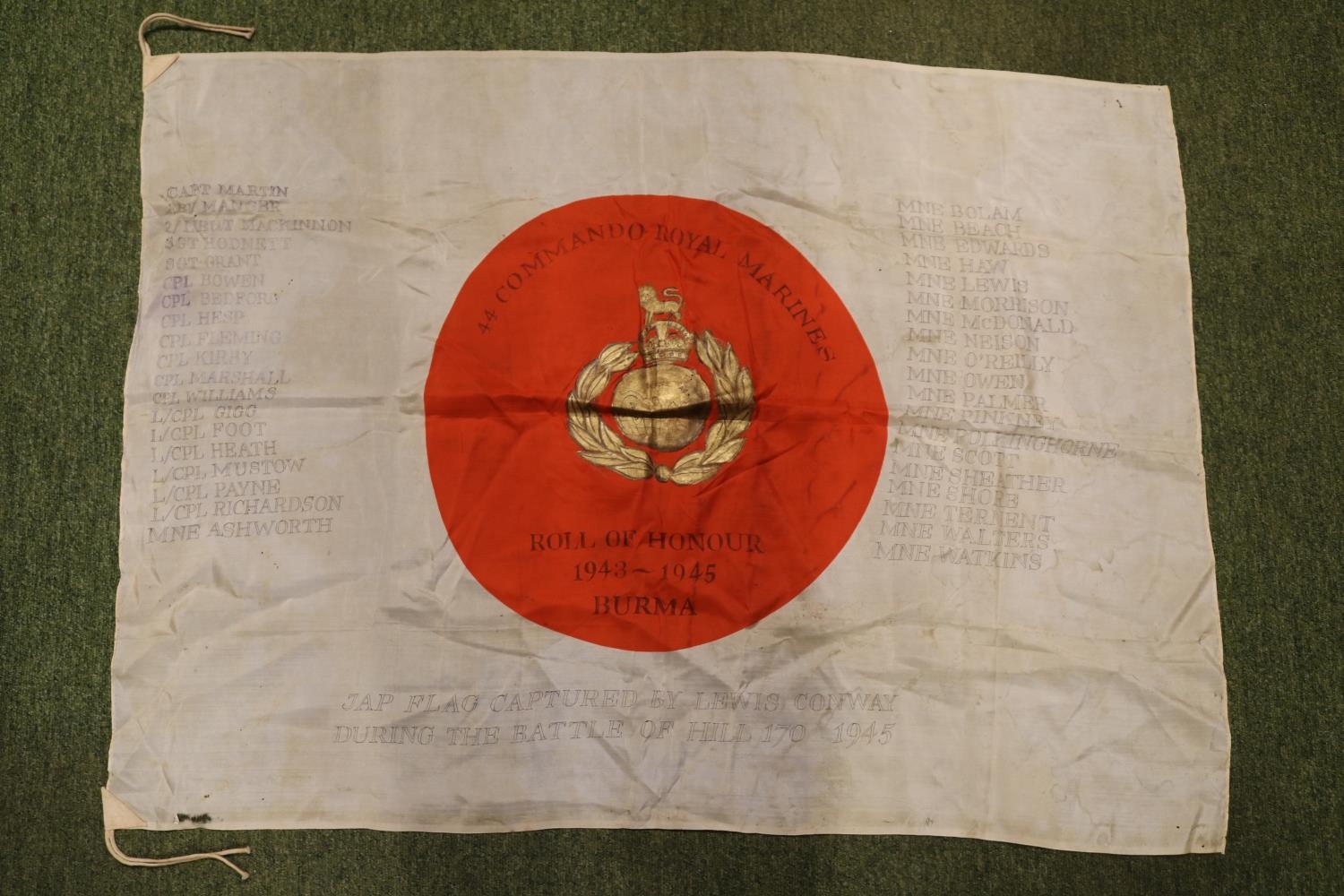 WWII Japanese Flag captured by 44 Royal Marine Commandoes Cannock Royal Marine Roll of Honour 1943- - Image 2 of 6