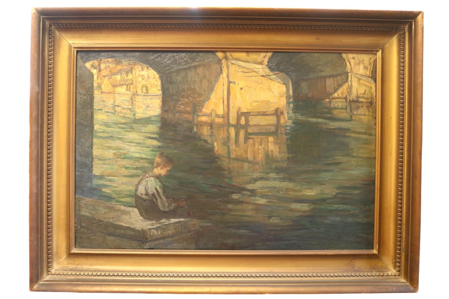European Late 19thC Impressinist Oil on board of a boy fishing under bridge with gallery label to
