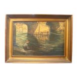 European Late 19thC Impressinist Oil on board of a boy fishing under bridge with gallery label to