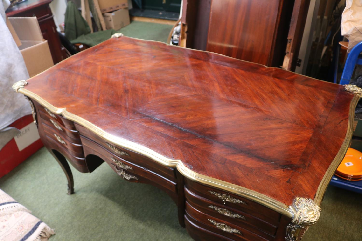 19thC Kingwood Partners Bombe Desk Louis XV Style with applied brass decoration. 134cm in Length - Image 4 of 4