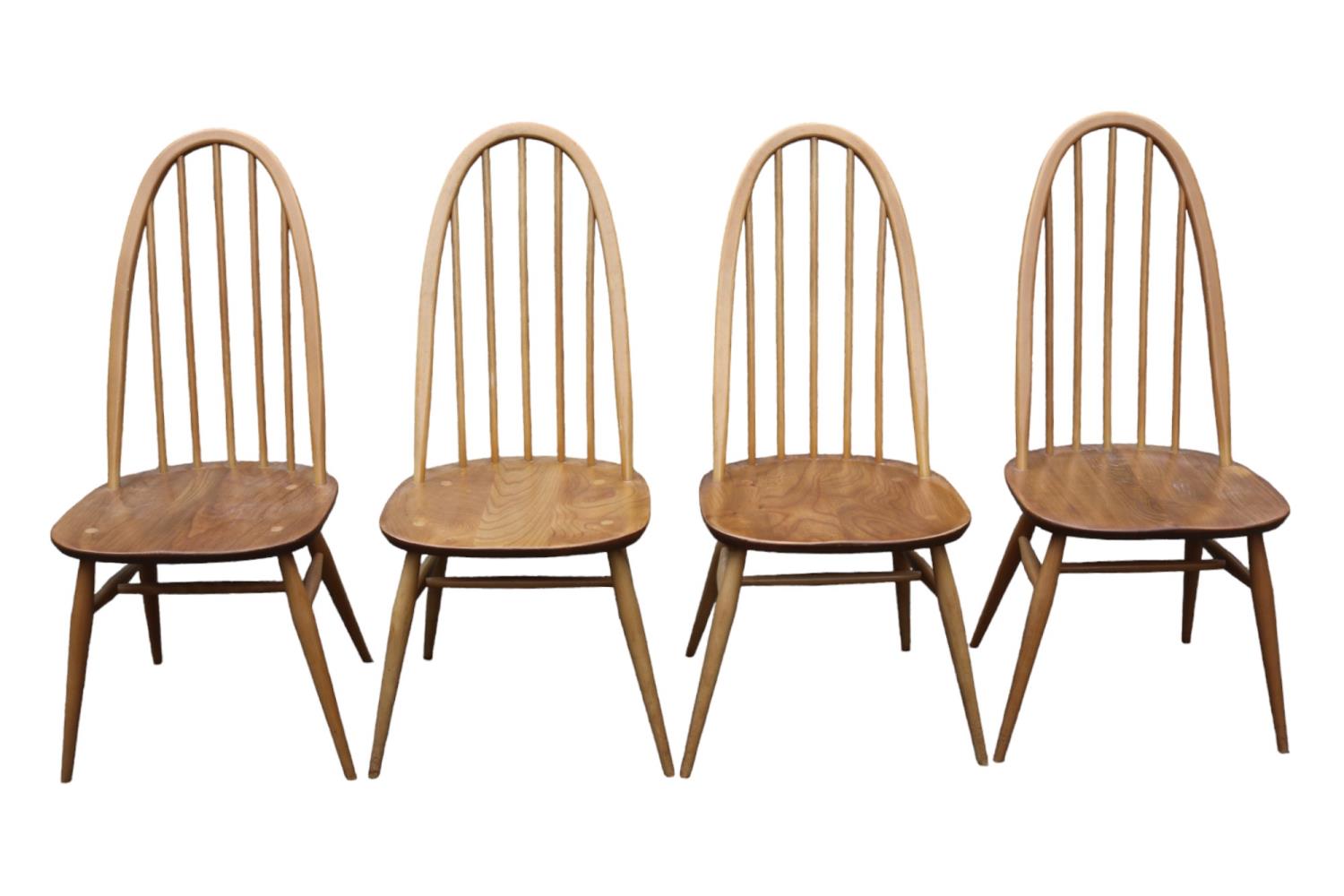 Set of 4 Ercol Blonde Elm Quaker Stick Back Chairs with Blue Labels to reverse