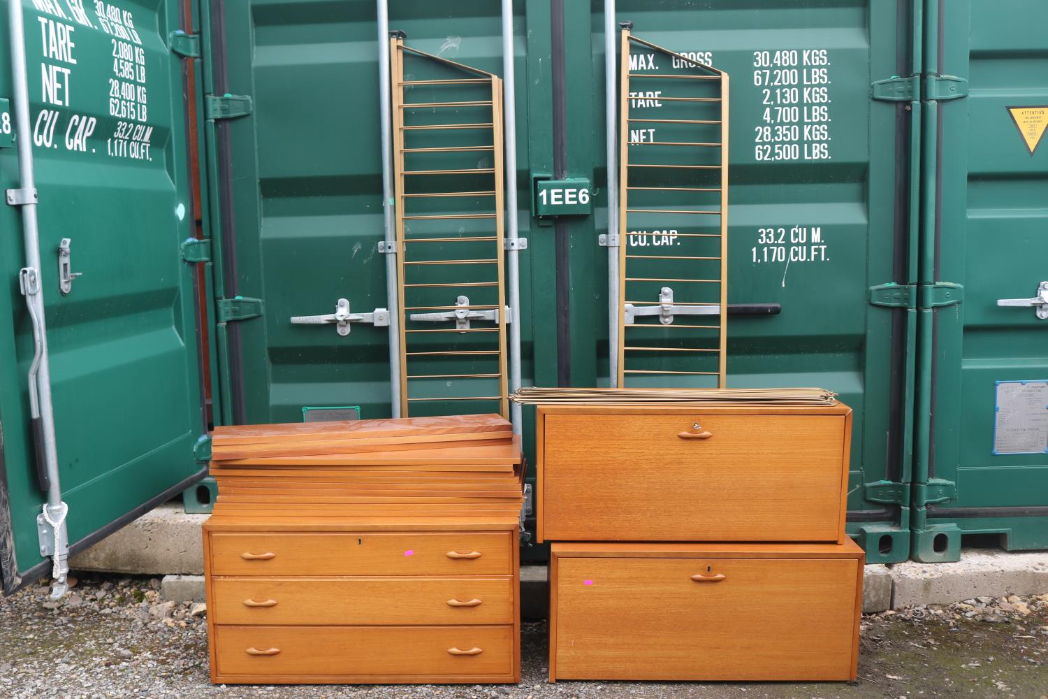 Ladderax Teak Hanging Wall system comprising of 3 Drawer chest, 2 Cabinets, 9 Large Shelves, 3 Small - Image 2 of 5