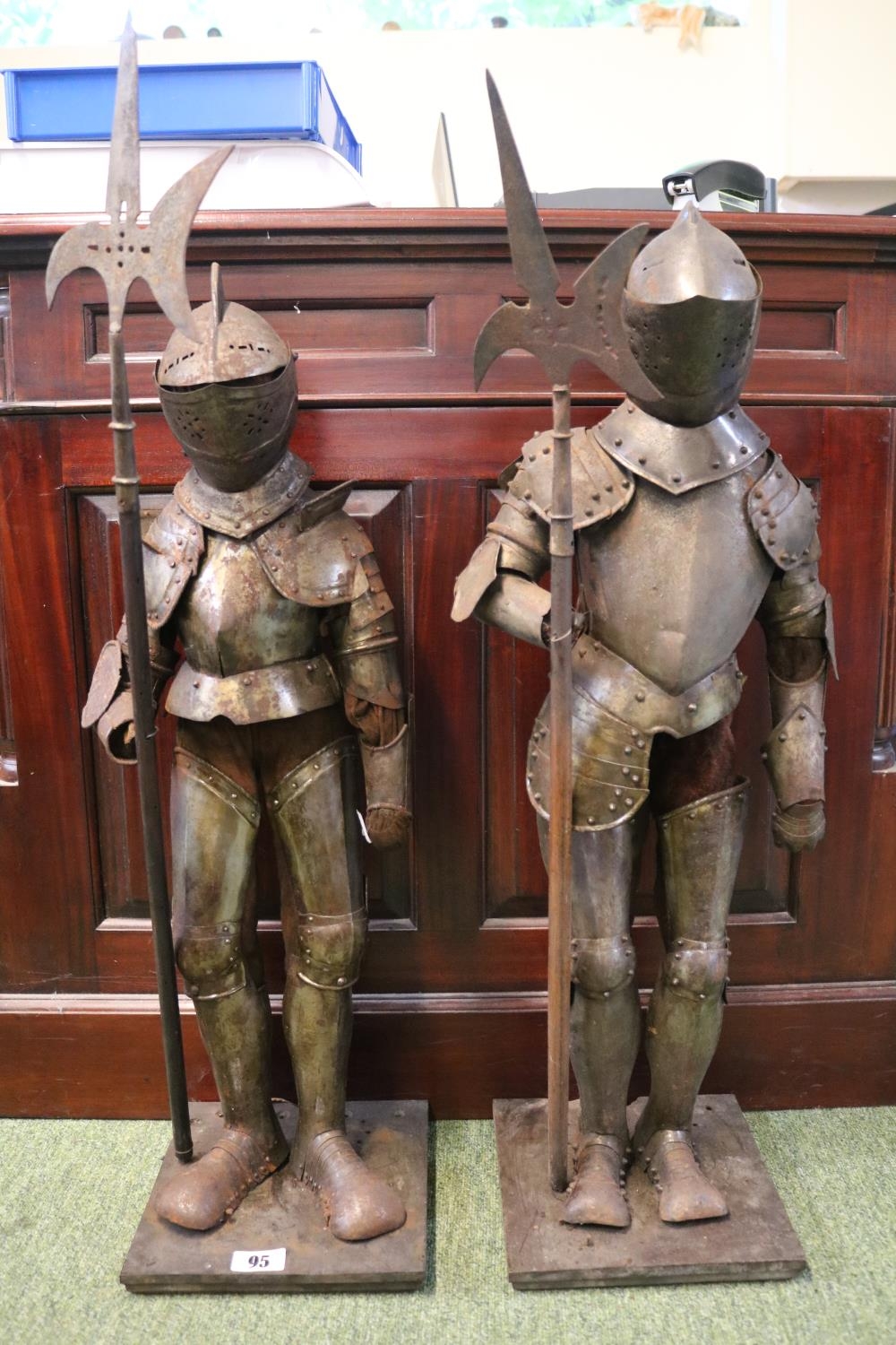 Pair of 19thC Miniature Suits of Jointed Armour mounted on wooden base holding Pikes. - Image 2 of 2
