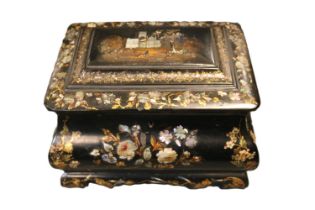 19thC Victorian English Papier Mache Tea Caddy of bombe form with mother of pearl inlay.
