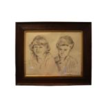 Robert Lenkiewicz (1941-2002). Signed Pencil sketch of Twins Nigel & Kathy Essery bron in