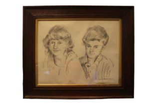 Robert Lenkiewicz (1941-2002). Signed Pencil sketch of Twins Nigel & Kathy Essery bron in