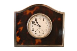 Adie Brothers Ltd , George V solid silver & tortoise shell desk clock with 8 day Swiss movement &