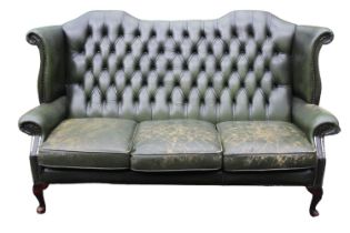 Green Leather Button back Chesterfield on cabriole legs 187cm in Length