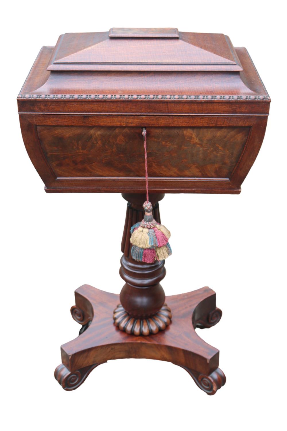 William IV Mahogany Rosewood Veneered Teapoy with fitted interior sup-ported on trefoil base. 43cm