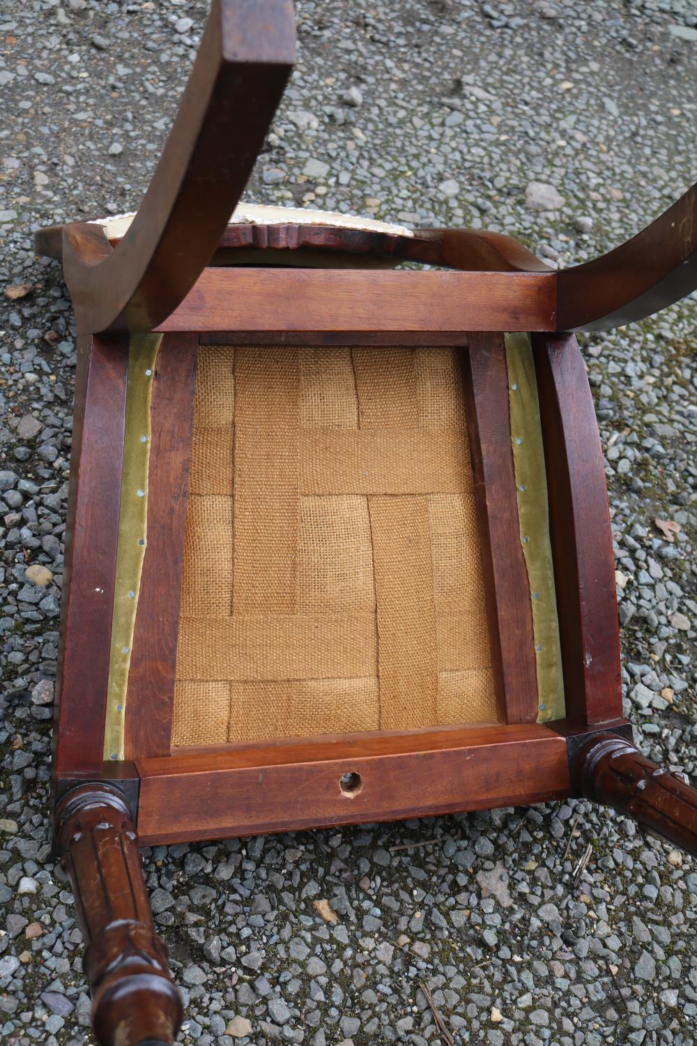 19thC Set of 6 Mahogany dining chairs with upholstered backs and drop in seats over carved show - Image 6 of 6