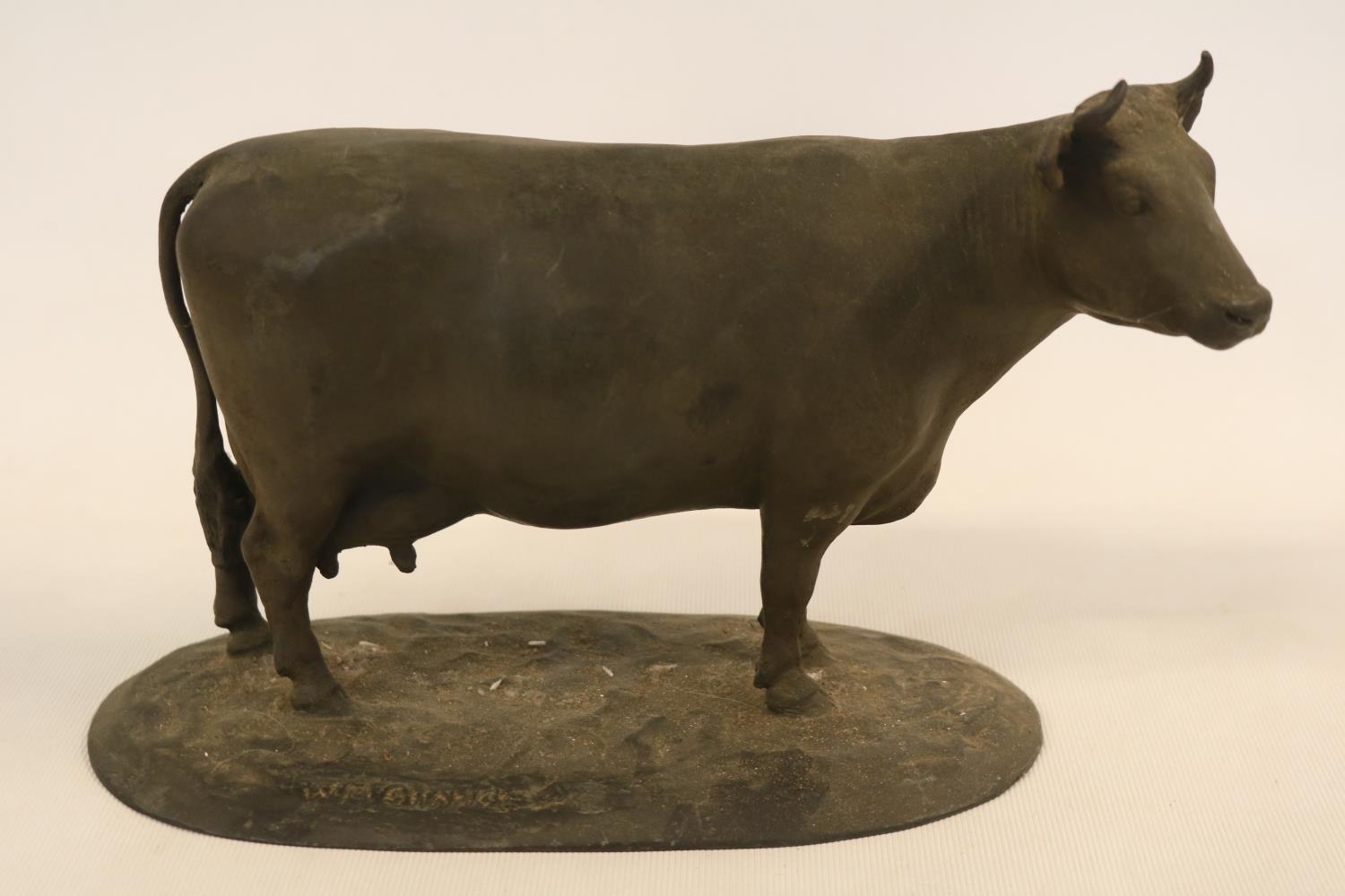 Early 20thC School Bronze Model of a Cow on oval base marked W M Chance. 24cm in Length - Image 2 of 4