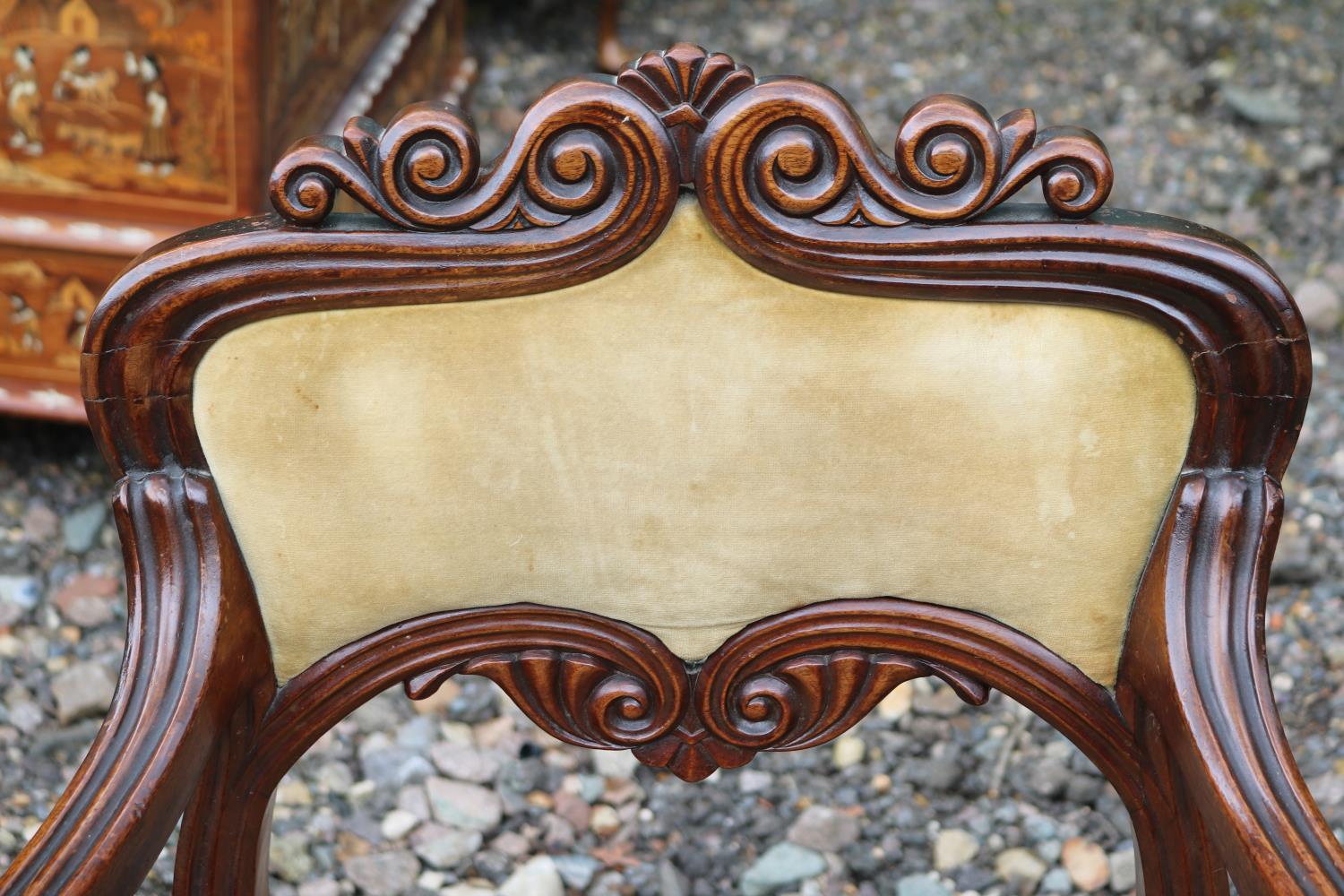 19thC Set of 6 Mahogany dining chairs with upholstered backs and drop in seats over carved show - Image 3 of 6