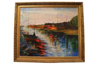 Carlos Diaz (Peruvian). Large 20th century cubist oil on canvas depicting river scape &