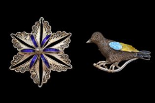 Fine Silver Enamelled Avian Bird Brooch mounted on perch with Rub over set Garnet eye above Blue,