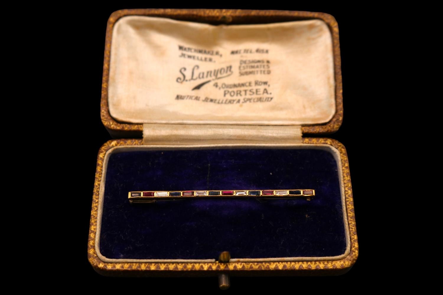 Gentlemen's Sapphire, Ruby & Diamond set Tie Pin. Mounted on 18ct Gold 14 alternating Rectangular
