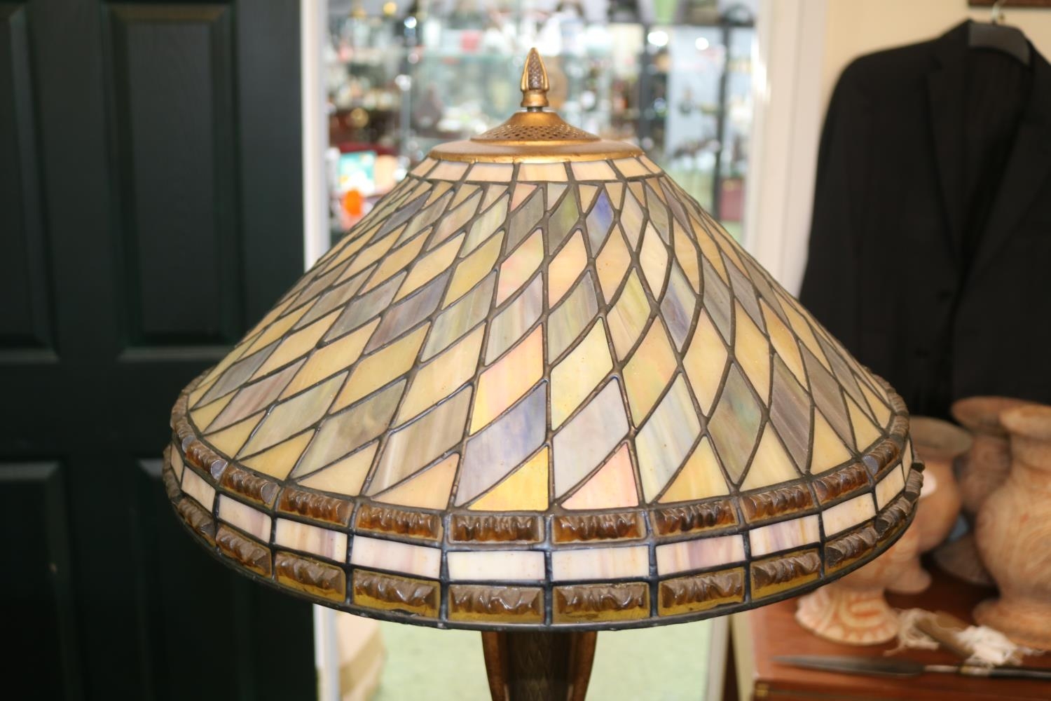 Art Nouveau Style Leaded standard lamp with urn type stem over chequered base. 150cm in Height - Image 3 of 3