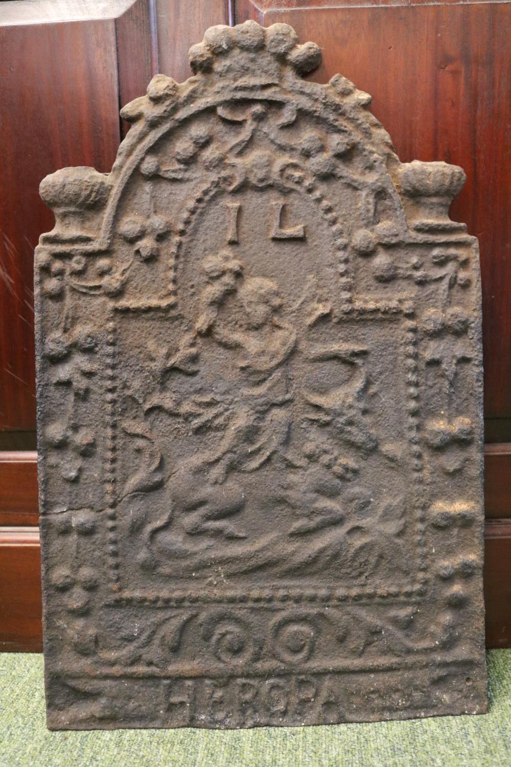 18thC Cast Iron Fire back marked IL Heropa with figural and foliate decoration. 55 x 35cm - Image 2 of 3