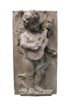 19thC Victorian Bronze plaque depicting Putti (Cherub) playing a Mandolin. 31cm by 59cm