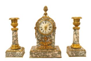 French 8 Day Marble Clock with garnitures and applied brass Gilt Foliage and similar decorated