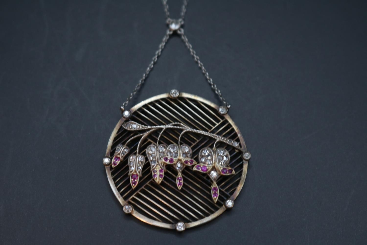 Art Deco Belle Époque Style Diamond & Ruby circular pendant. Comprising of Forty three single rose - Image 2 of 3