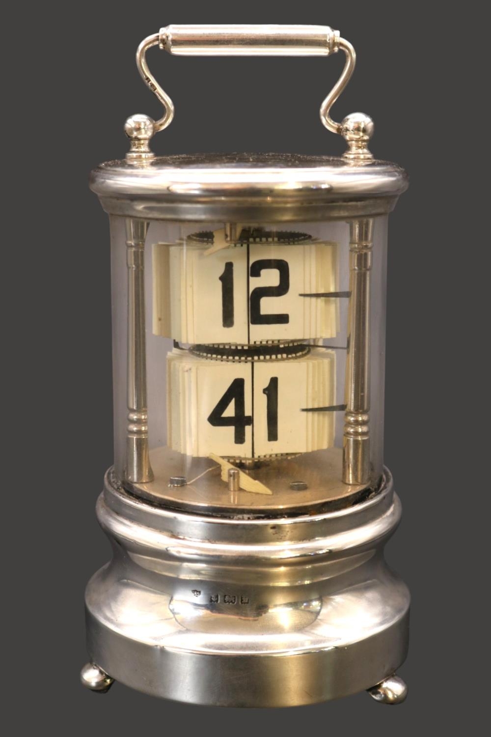 Antique Junghans Plato Silver flip clock of cylindrical form Birmingham 1905 by Charles S Green & Co