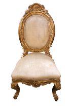 Early 19thC Italian Gilded Gesso Chair with upholstered back and seat with spoon back. Ippolito
