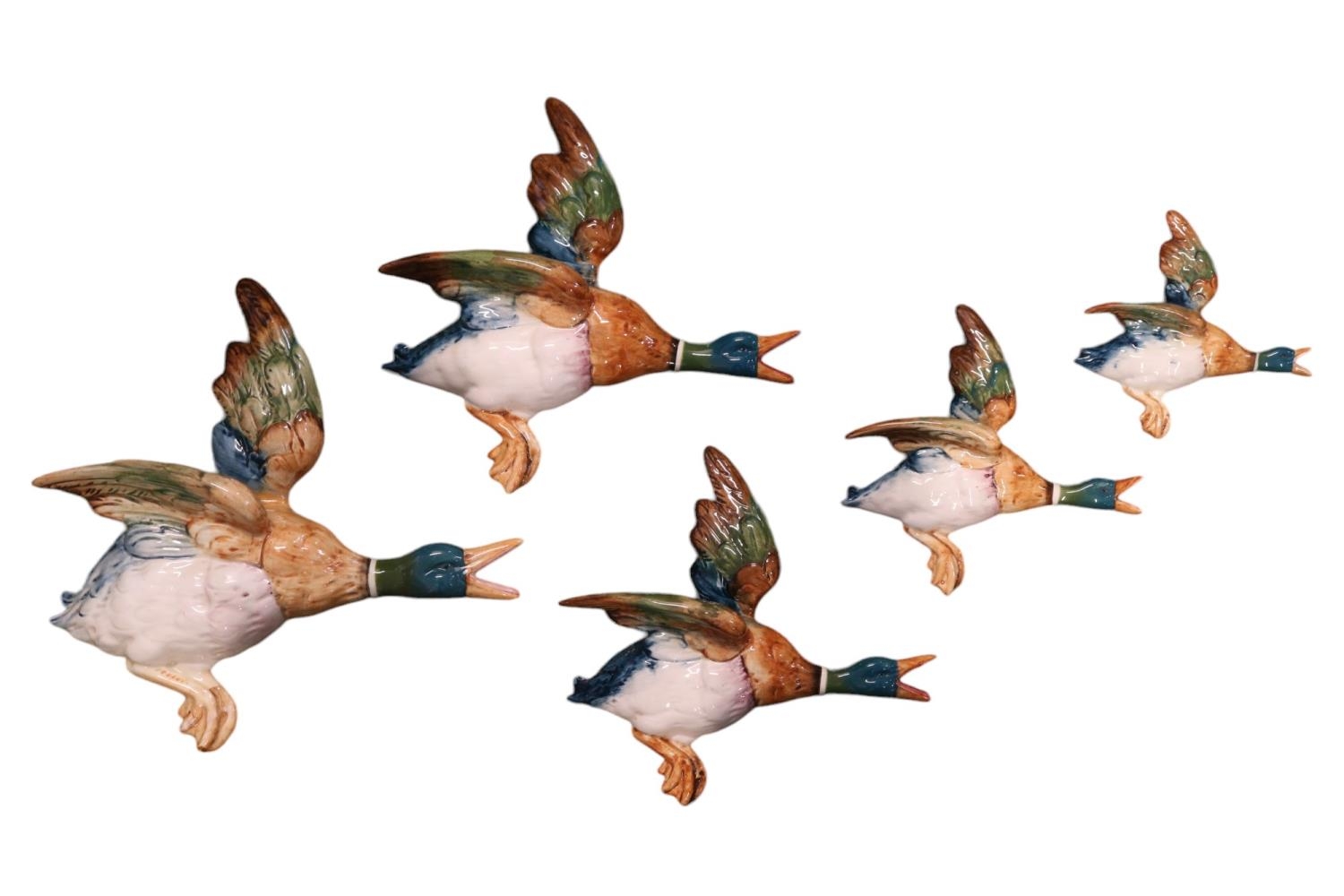 Set of 5 Beswick Ceramic Flying Wall ducks 596 - 0, 596 - 1, 596-2, 596-3 & 596-4 ranging from