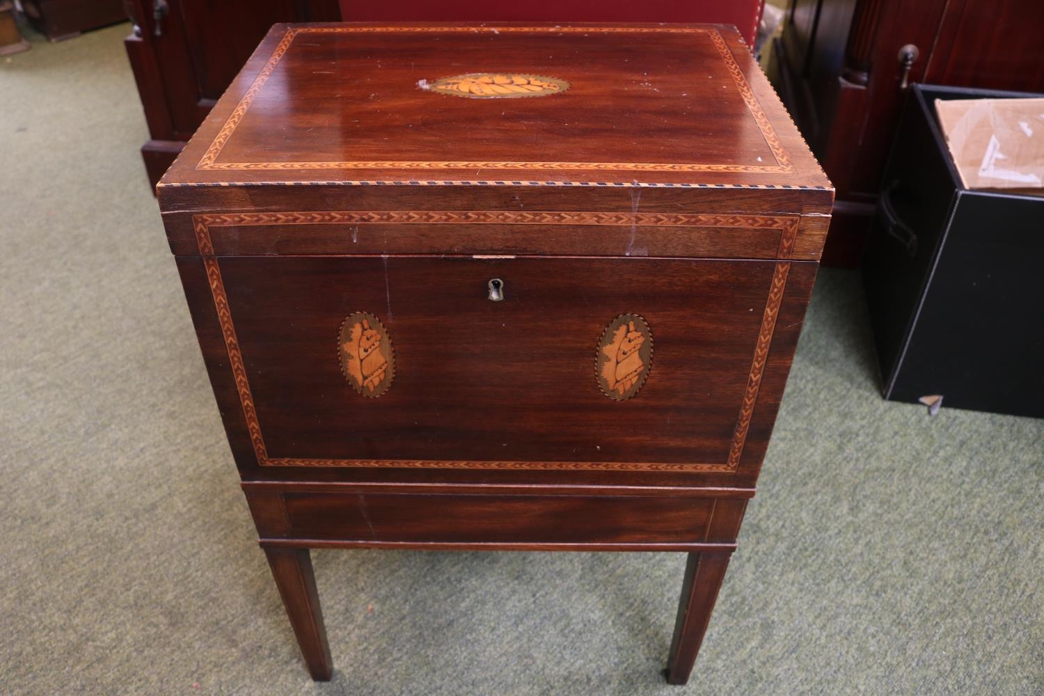 Georgian Inlaid Mahogany Wine Cooler on stand with integral drawer supported on tapering legs. - Image 2 of 6