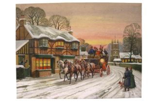 Joseph Appleyard(British Leeds artist, 1908-1960). Framed watercolour of a stagecoach scene. 40 x