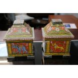 Pair of Late 19thC Indian Kashmir Folk Art Hand Painted Dowry Caskets. 13cm in Width by 17cm in