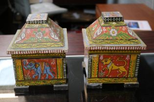 Pair of Late 19thC Indian Kashmir Folk Art Hand Painted Dowry Caskets. 13cm in Width by 17cm in