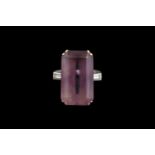 Good Quality Amethyst Platinum & 18ct Gold Rectangular Facetted Stone claw set, flanked by Rub