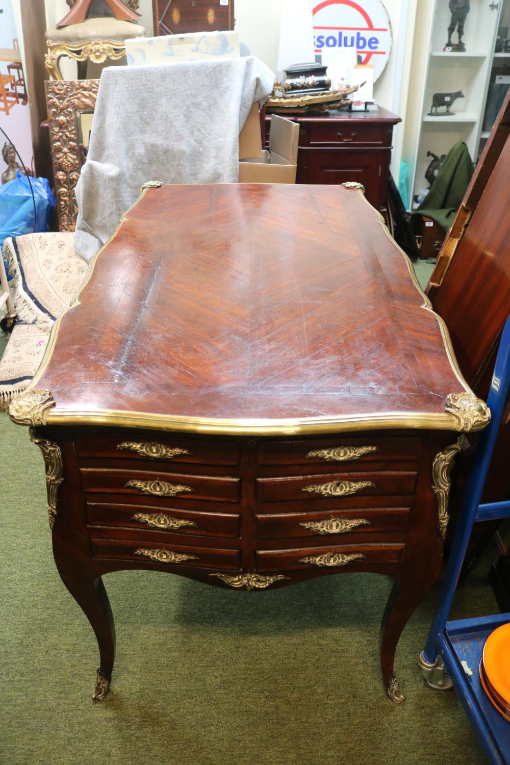 19thC Kingwood Partners Bombe Desk Louis XV Style with applied brass decoration. 134cm in Length - Image 3 of 4