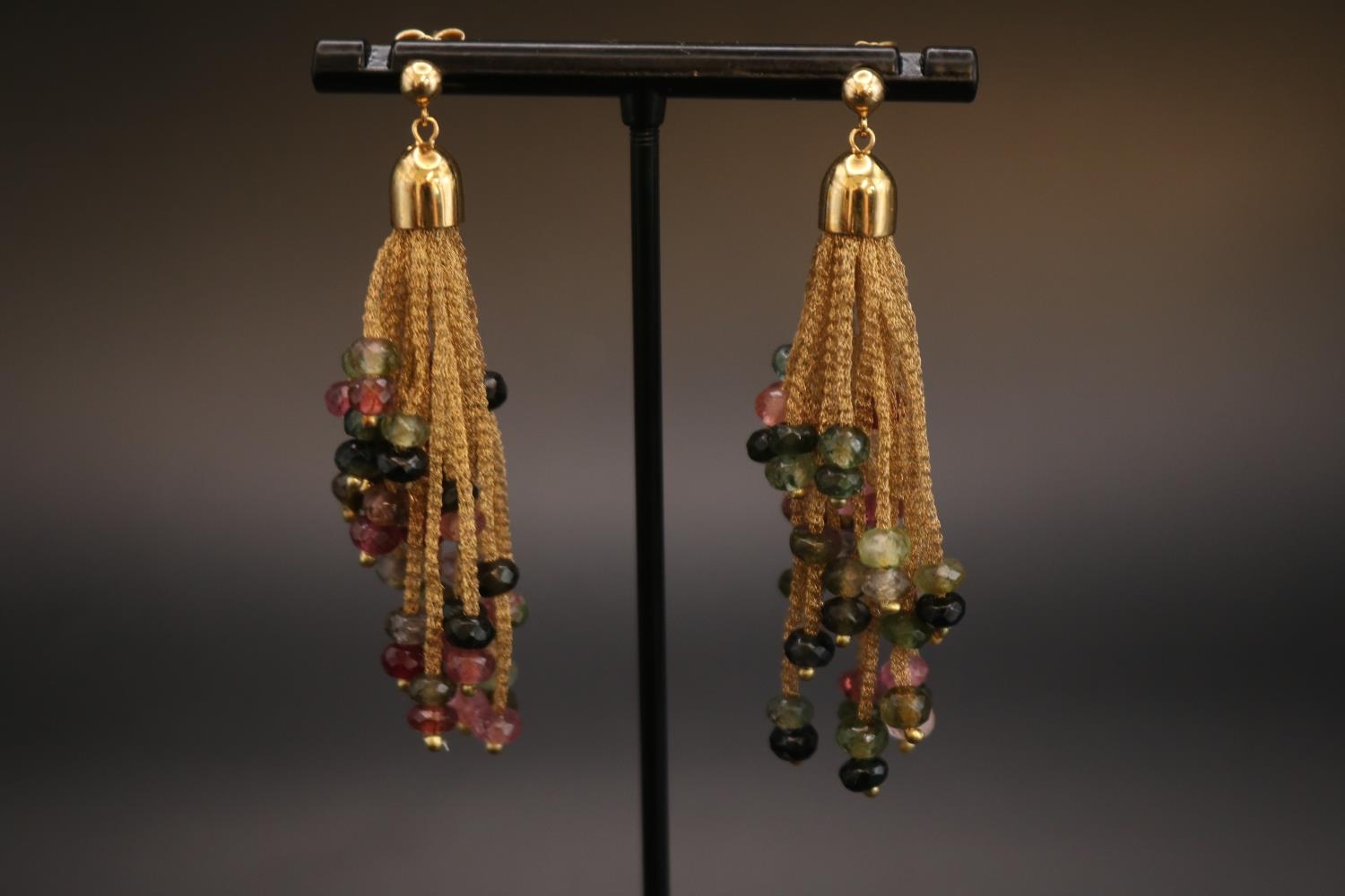 Pair of 18ct Gold Multi Faceted Tourmaline drop earrings of 5 different colours. 6cm in Length . - Image 2 of 3