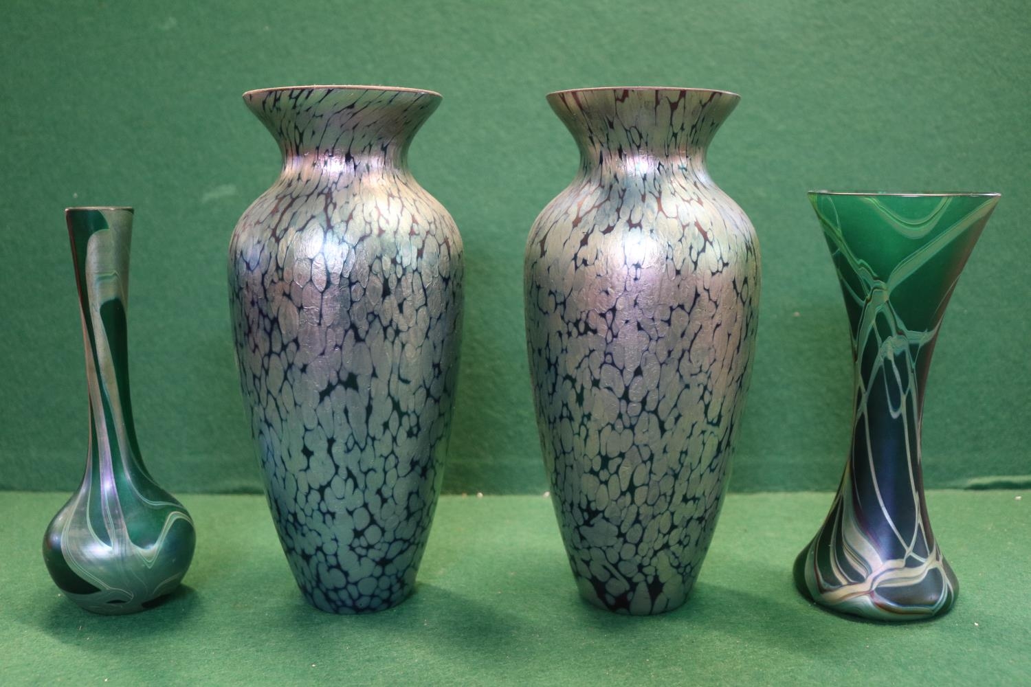 Collection of Okra Vases to include a Pair of iridescent Vases and 2 other Okra vases. 22cm tall - Image 2 of 3