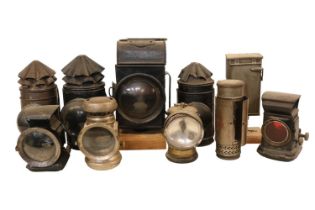 Collection of Antique Bicycle Lamps to include Police Bulls Eye, Raydyot Railway Lamp, Pre War