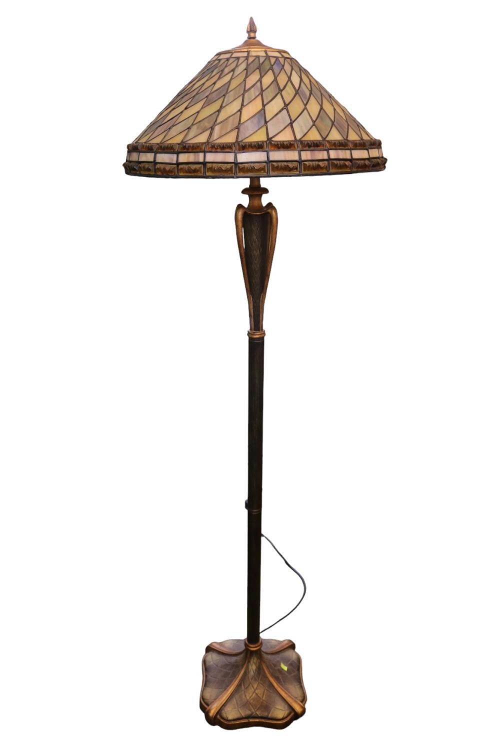 Art Nouveau Style Leaded standard lamp with urn type stem over chequered base. 150cm in Height