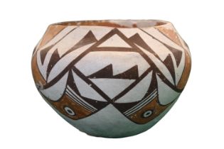 Native American Indian Acoma Bowl decorated with Birds and Geometric design. Marks to base N.M. 13cm
