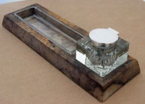 J C Vickery, London Large Ostrich Skin Covered Desk Companion with Silver Topped Inkwell by Crisford