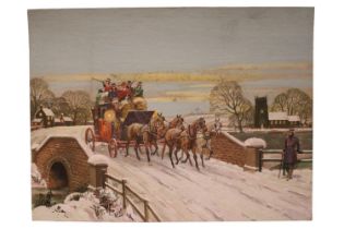 Joseph Appleyard(British Leeds artist, 1908-1960). Framed watercolour of a stagecoach scene. 40 x