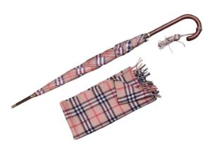 Burberry Tartan Umbrella with Gilt Ferrule and Silk tassel with a matched Burberry Tartan Scarf