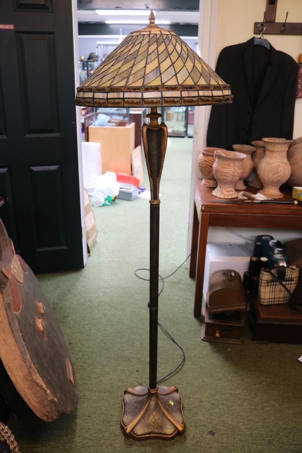 Art Nouveau Style Leaded standard lamp with urn type stem over chequered base. 150cm in Height - Image 2 of 3
