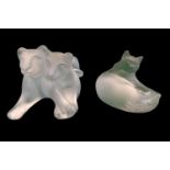 Rene Lalique. Lion Cubs frosted crystal sculpture and a Boxed Cat by Lalique. 7cm and 6cm in Height