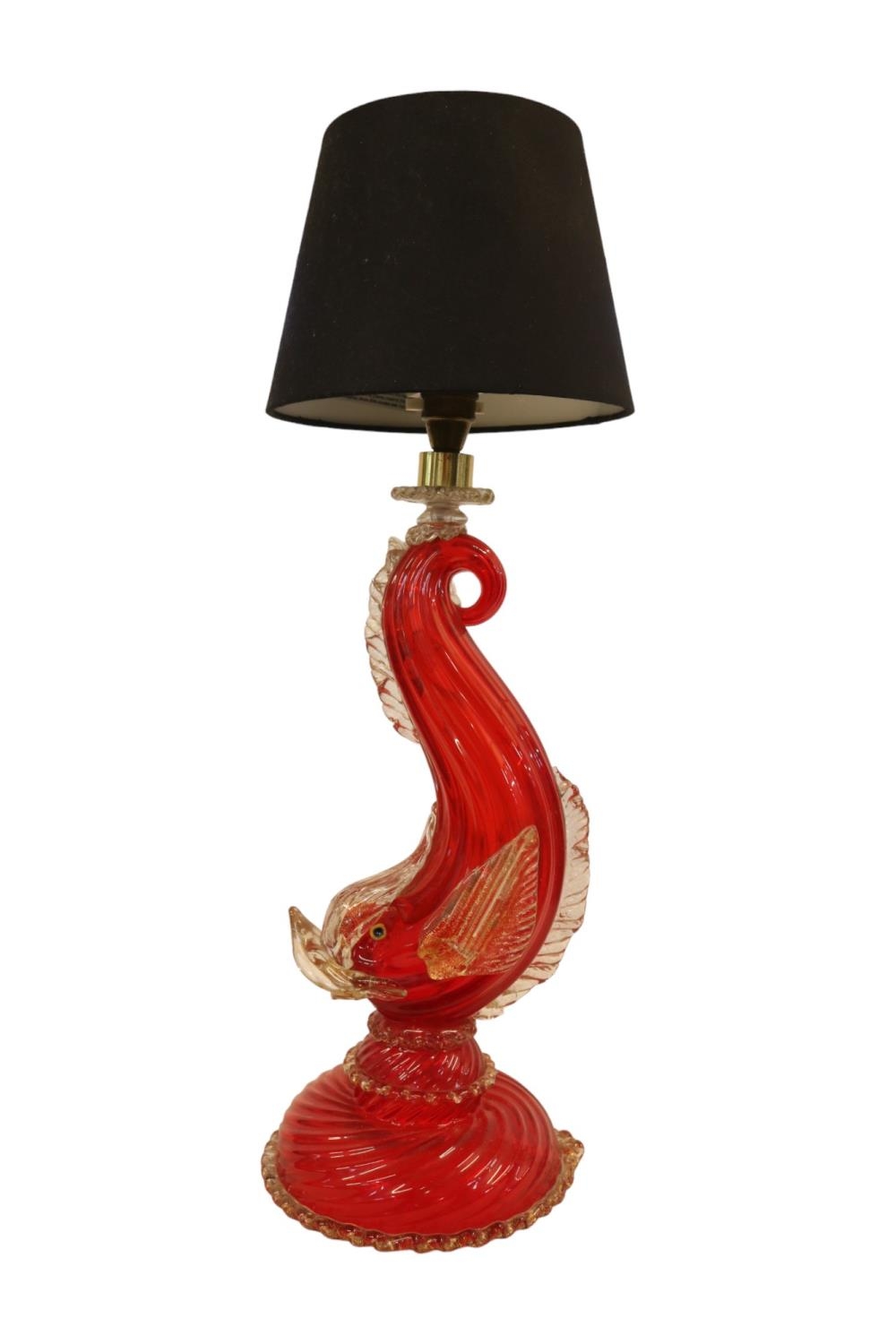 Large Venetian mid-century Murano glass Regency Red Dolphin (fish) table lamp with gold fleck