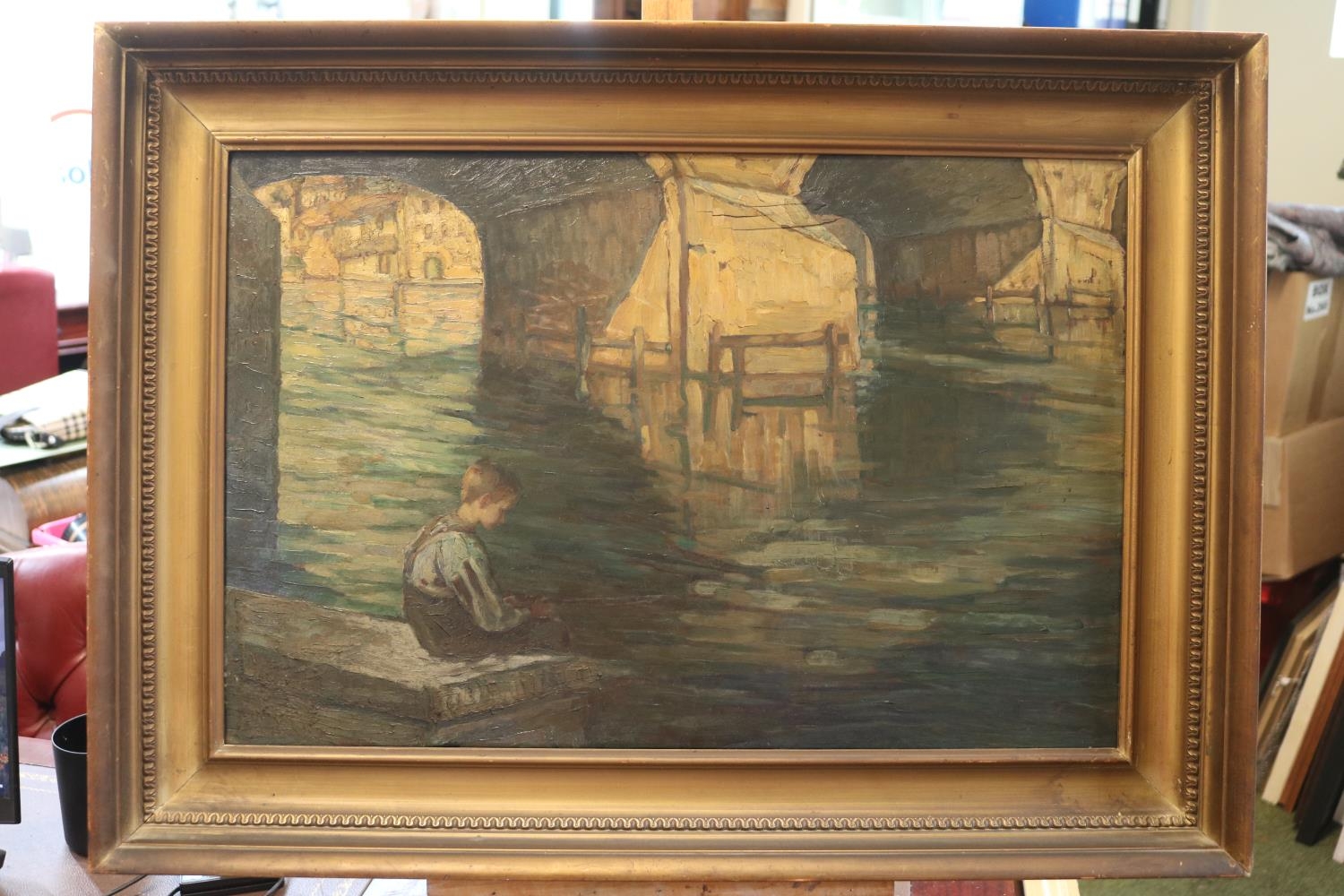 European Late 19thC Impressinist Oil on board of a boy fishing under bridge with gallery label to - Image 2 of 4