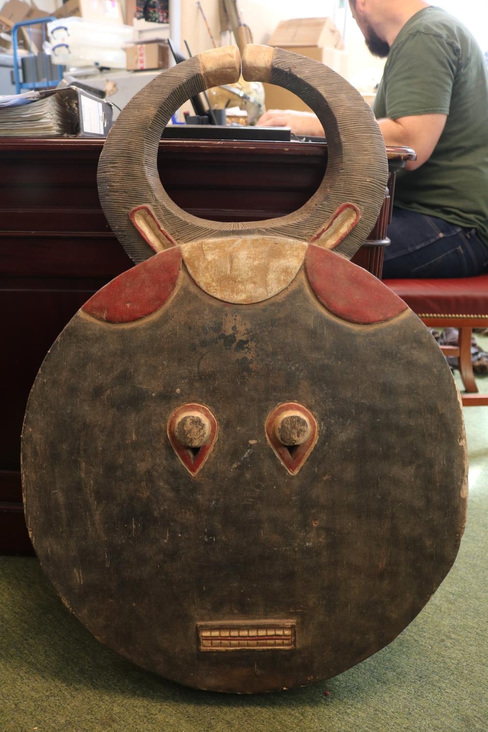 Ivory Coast Baule Goli Mask of circular design with rectangular diminutive mouth and large horns. - Image 2 of 3