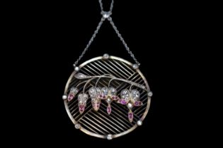 Art Deco Belle Époque Style Diamond & Ruby circular pendant. Comprising of Forty three single rose