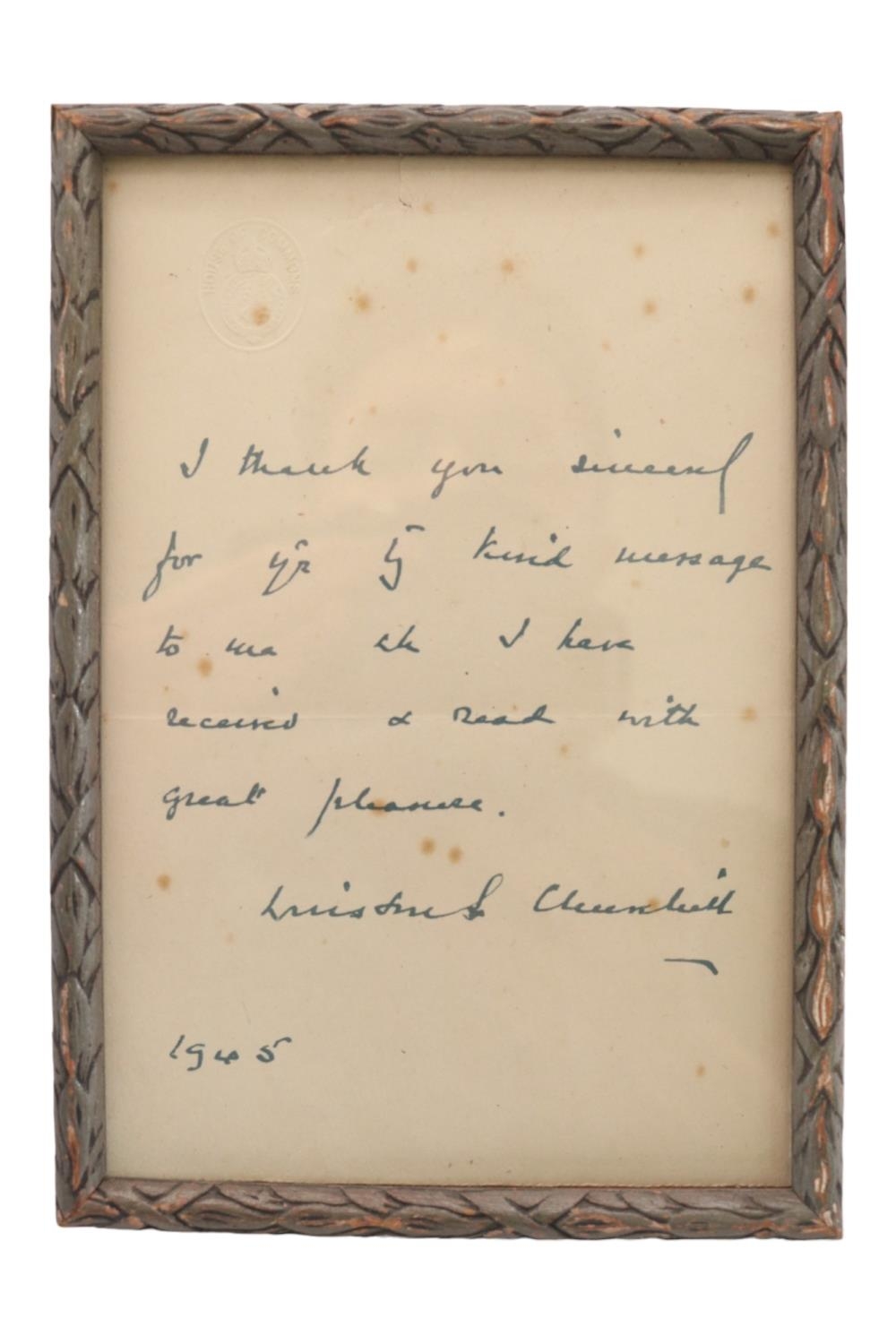 Winston Churchill Signed House of Commons embossed letter of thanks dated 1945 framed and glazed. 12